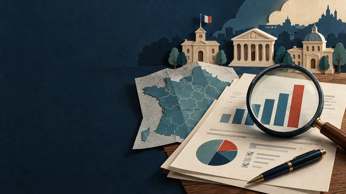 Illustration d’une loupe sur des indicateurs et de bâtiments publics miniatures