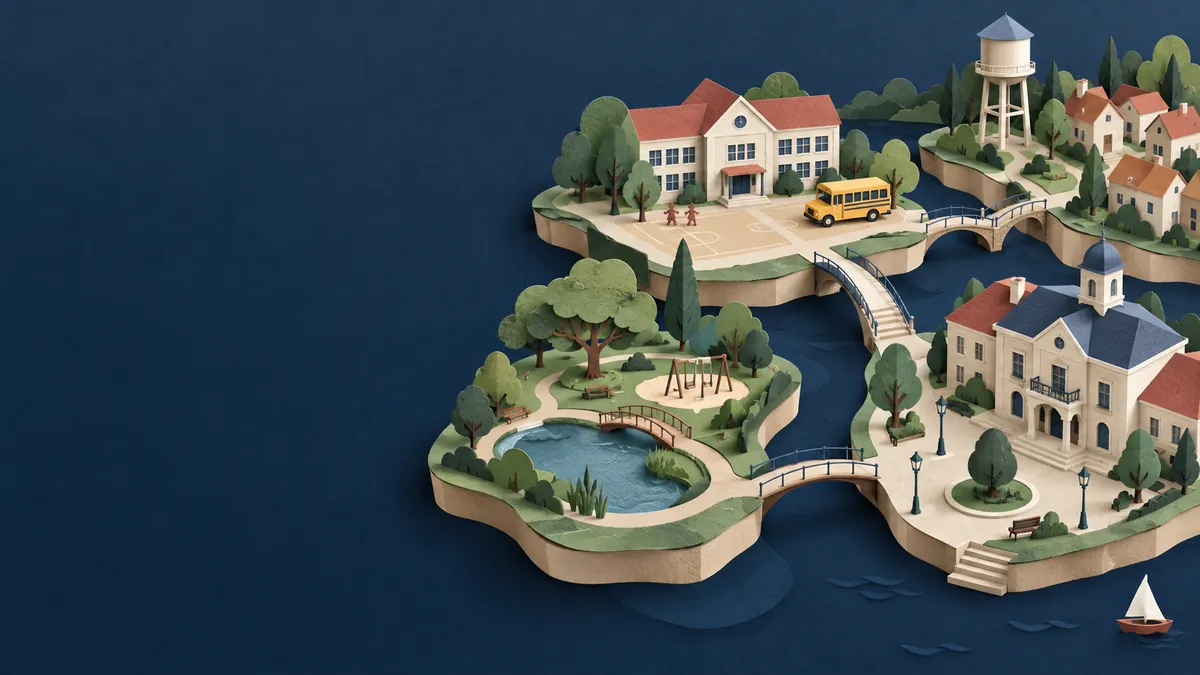 Illustration d’une école, d’un bus, d’un parc et d’une mairie reliés entre plusieurs communes
