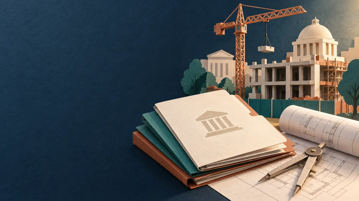 Illustration de dossiers d’achat public, d’un bâtiment en construction et d’un plan