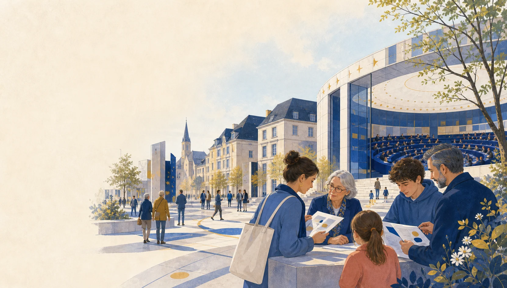 Citoyens échangeant devant une architecture européenne symbolique