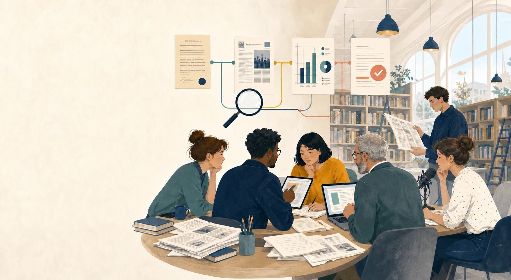 Équipe pluraliste comparant des documents, graphiques et sources numériques dans une médiathèque