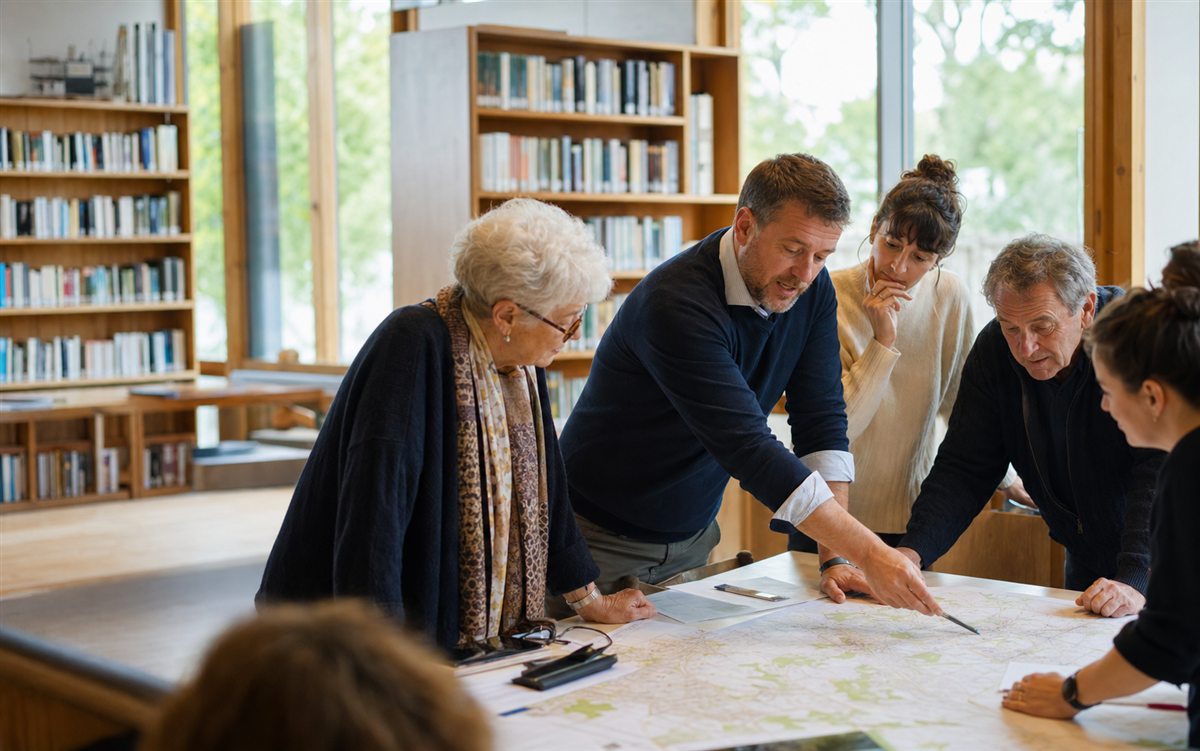 Habitants et facilitateur échangeant autour d'une carte dans une médiathèque municipale