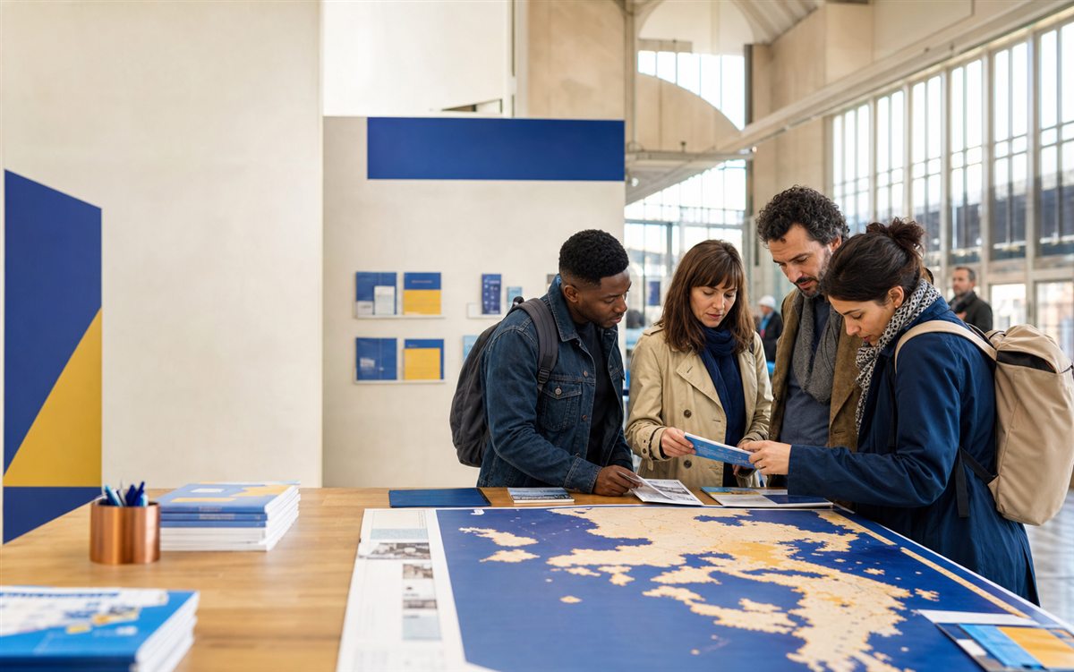 Citoyens discutant autour d'une carte symbolique de l'Europe dans un espace public