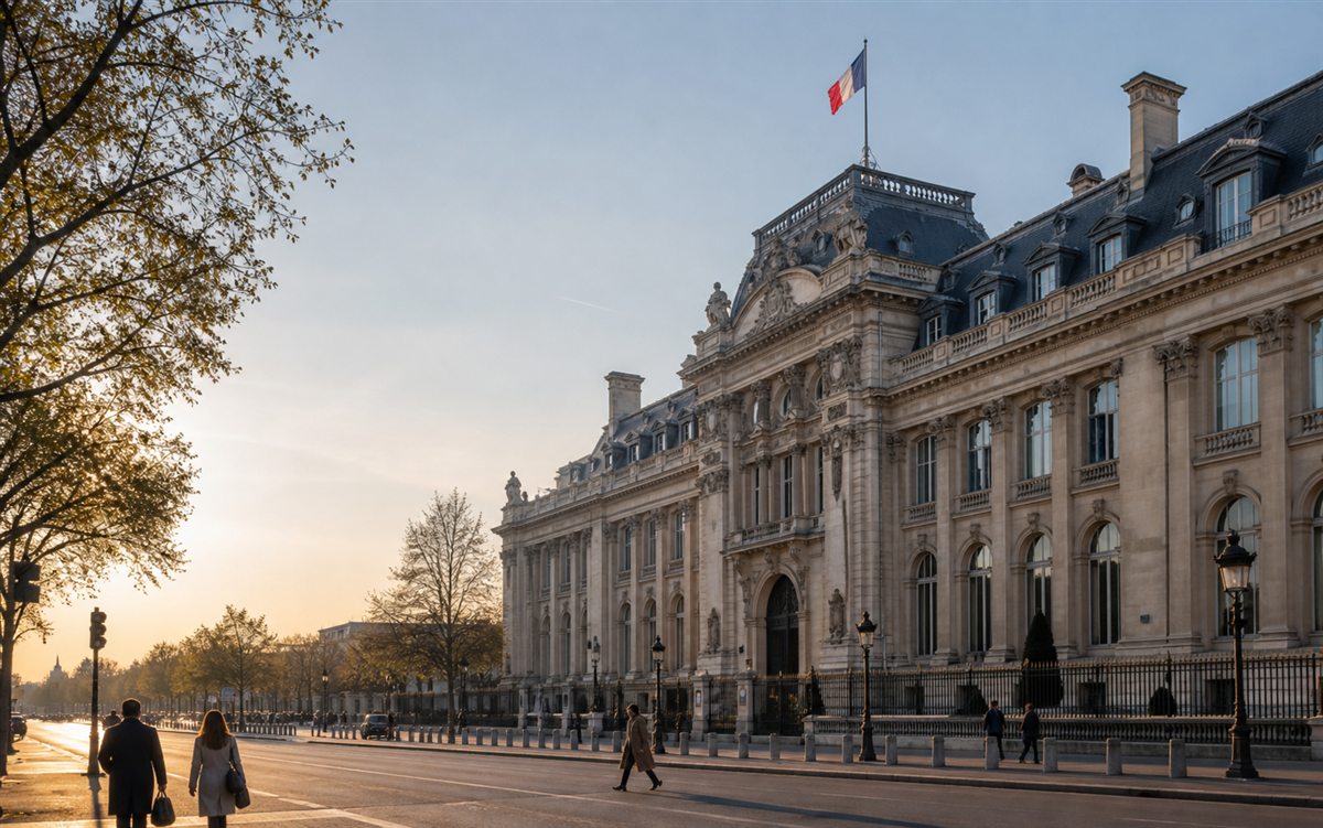 Architecture républicaine parisienne au lever du jour, vue depuis une avenue publique