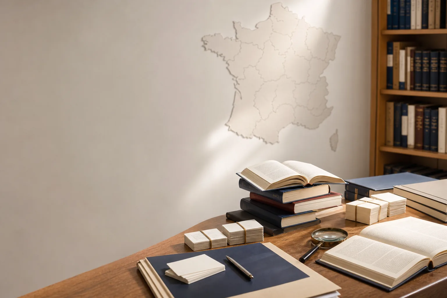 Livres, fiches et loupe dans un centre de documentation consacré à la vie démocratique française
