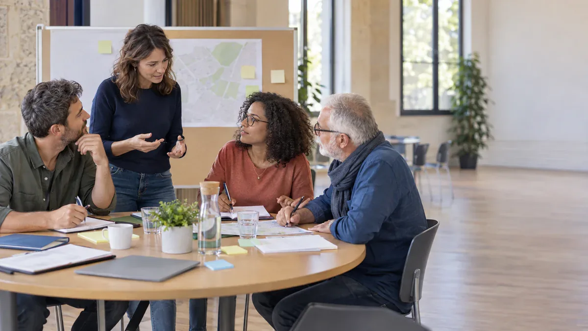 Habitants échangeant autour d’une carte pendant un atelier de consultation publique