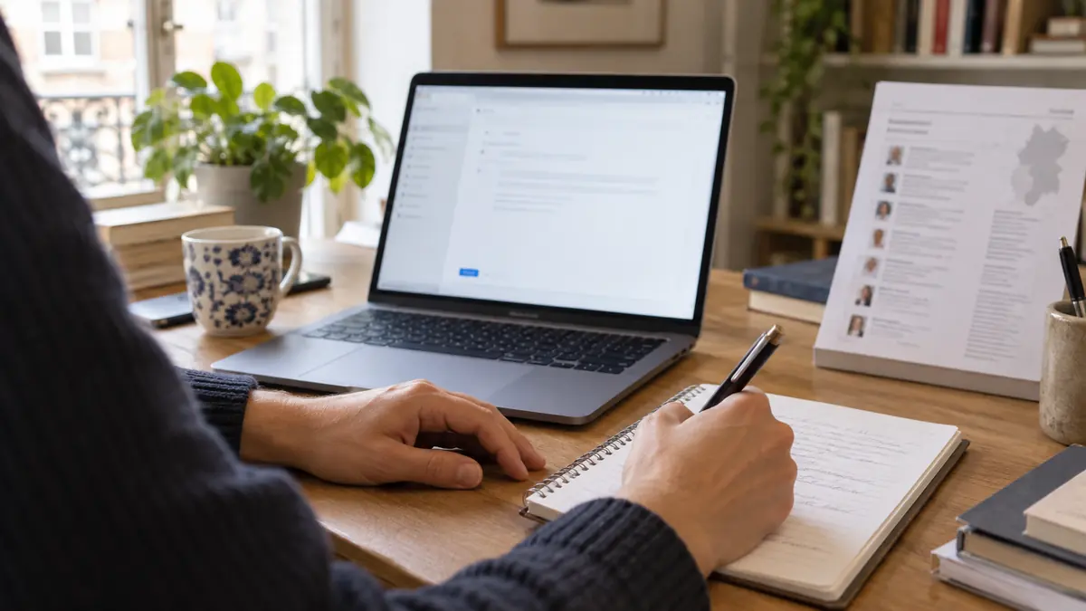 Citoyen préparant un message documenté destiné à un représentant élu