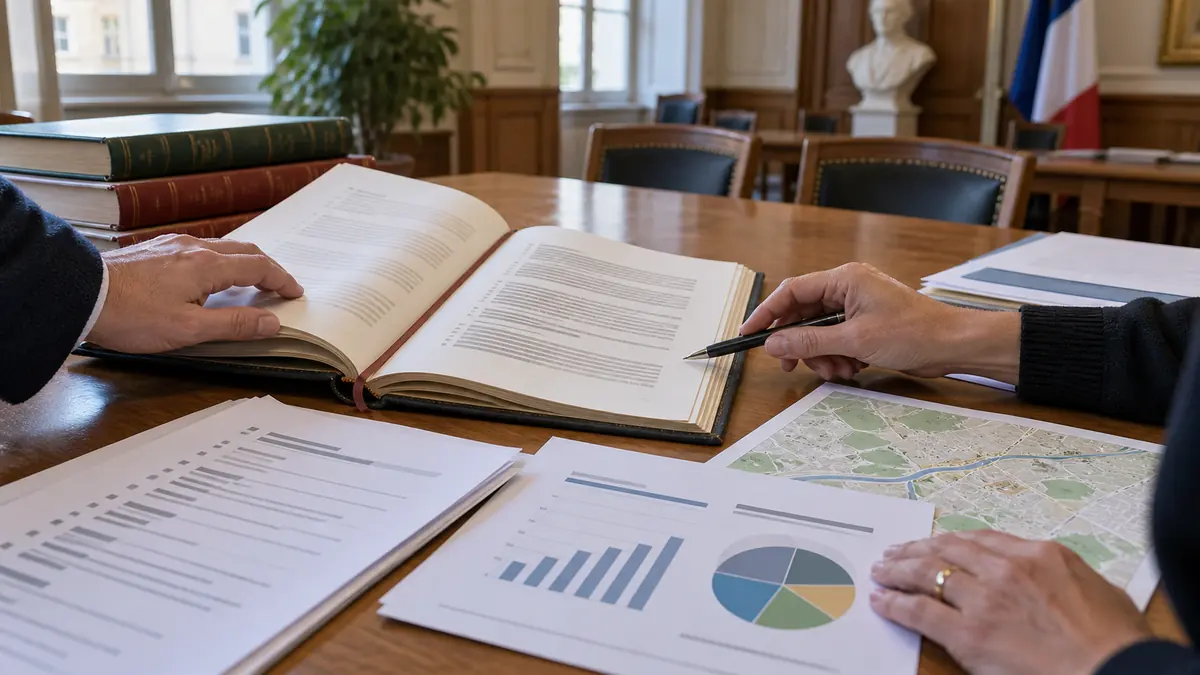 Documents municipaux, registre et graphiques examinés dans une salle publique