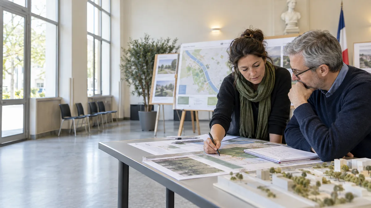 Deux habitants consultant des plans et annotant un dossier d’enquête publique