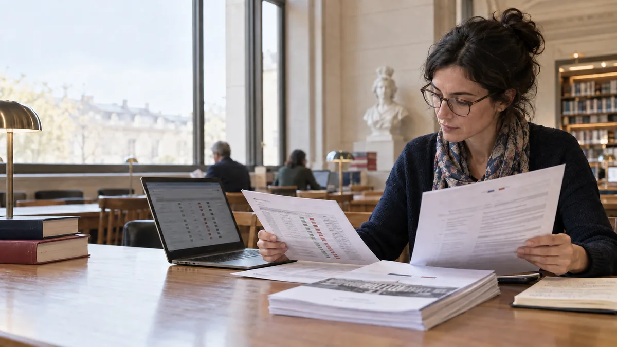 Citoyenne comparant un relevé de scrutin public et plusieurs documents parlementaires