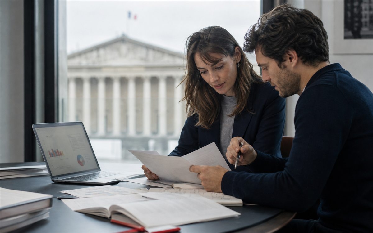 Deux personnes comparant des documents publics et un ordinateur dans un espace éditorial